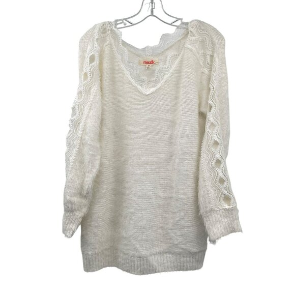 Mazik Womens V-Neck Sweater Lace Trim Long Sleeve Ivory Size Medium Fuzzy - Picture 1 of 9
